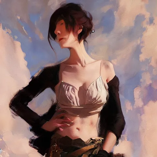 Prompt: anime, mage, vogue, elle, trending on artstation, oil painting, john singer sargent, greg rutkowski, crop top, intricate