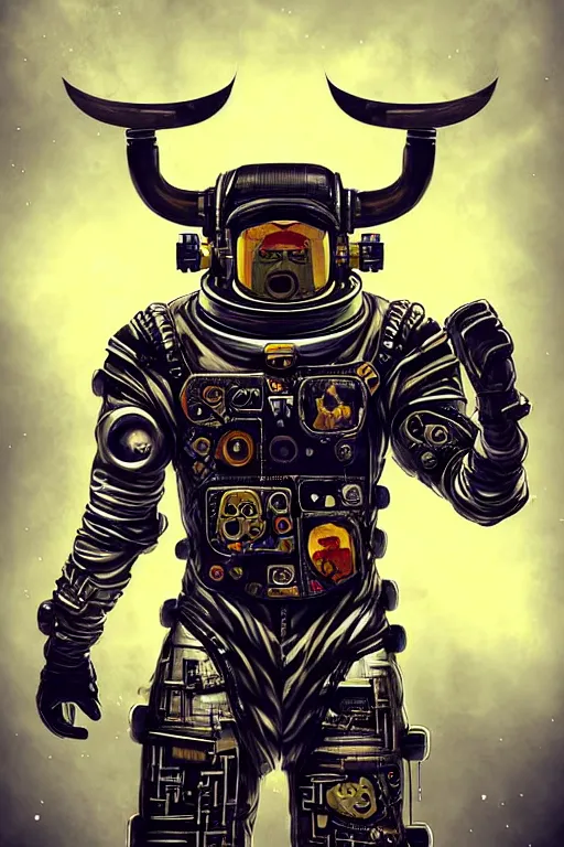 Image similar to a portrait of a muscular anthropomorphic cyberpunk highland cattle space mechanic in spacesuit armor with ensignia on chest plate by sandra chevrier, by jon foster, detailed render, pistol in holster, tape deck, epic composition, cybernetics, 4 k realistic, cryengine, realistic shaded lighting, sharp focus, masterpiece, by enki bilal