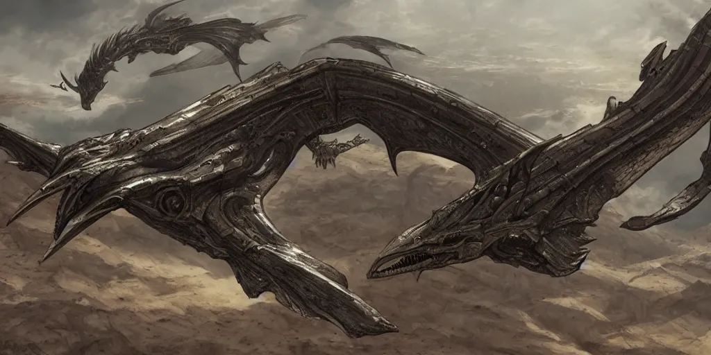 Prompt: giger wyvern flying over desert city, in style of federico pelat greg rutkowski