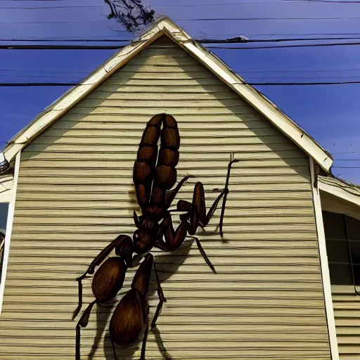 Prompt: a photo of a giant ant on an house, wide angle