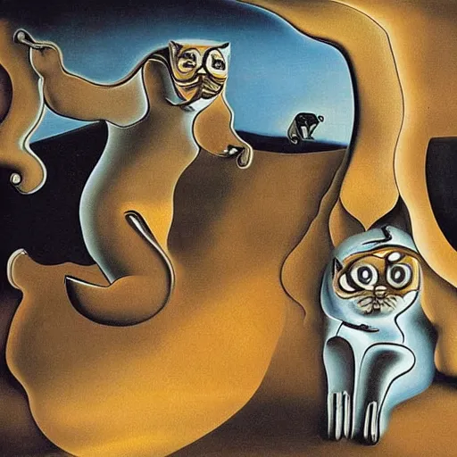 Prompt: the persistence of time painting by salvador dali, with melting cats instead of clocks