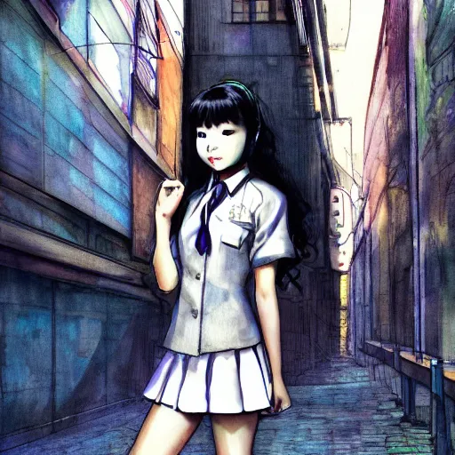 Image similar to a perfect, realistic professional digital sketch of a Japanese schoolgirl posing in a sci-fi alleyway, style of Marvel, full length, by pen and watercolor, by a professional American senior artist on ArtStation, a high-quality hollywood-style sketch, on high-quality paper