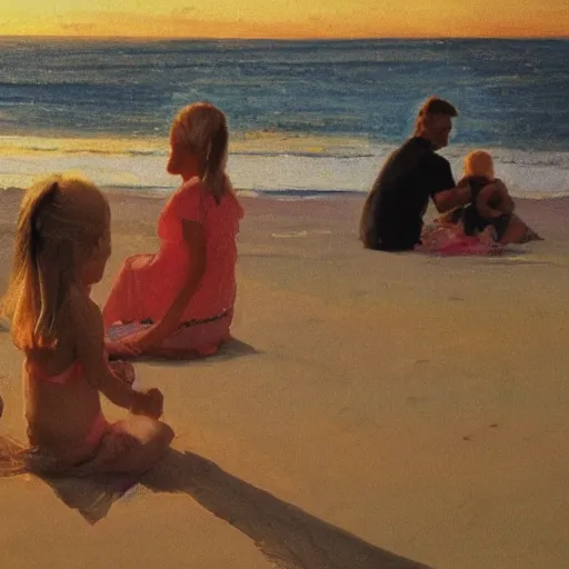 Image similar to a nine year old blonde girl and her two parents sit on a blanket at the beach and watch through sun go down in the style of anders zorn