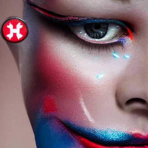 Prompt: A close-up of a beautiful girl with a surreal makeup reminding the swiss flag, octane render, bokeh, cyberpunk vibes, neons on the background