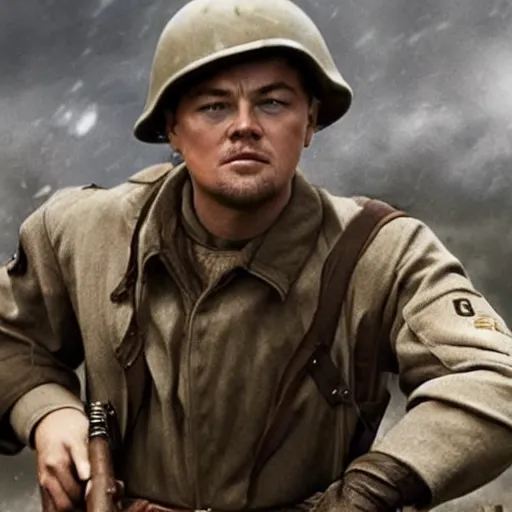 Image similar to leonardo dicaprio as a us ww 2 soldier during the battle of the rhine, cinematic lighting photorealistic highly detailed