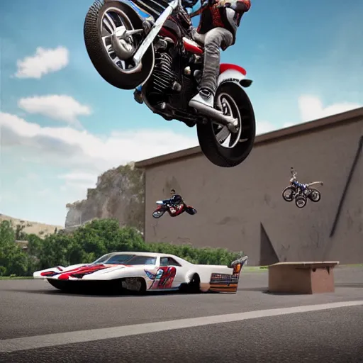 Image similar to evel knievel jumping over vehicles on harley davison 3 d studiomax, maya 3 d, unrealengine, 4 k, 8 k, hdr, extreme render, mind - bending reality, hyper detailed, wide angle ultra - vivid, photo - realistic nikon 3 5 mm, photograph