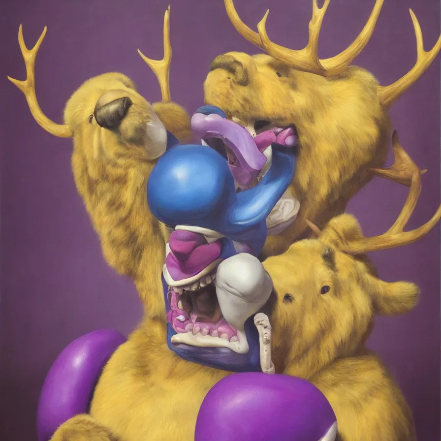 Image similar to rare hyper realistic portrait painting by italian masters, studio lighting, brightly lit purple room, a blue rubber duck with antlers laughing at a giant laughing white bear with a clown mask