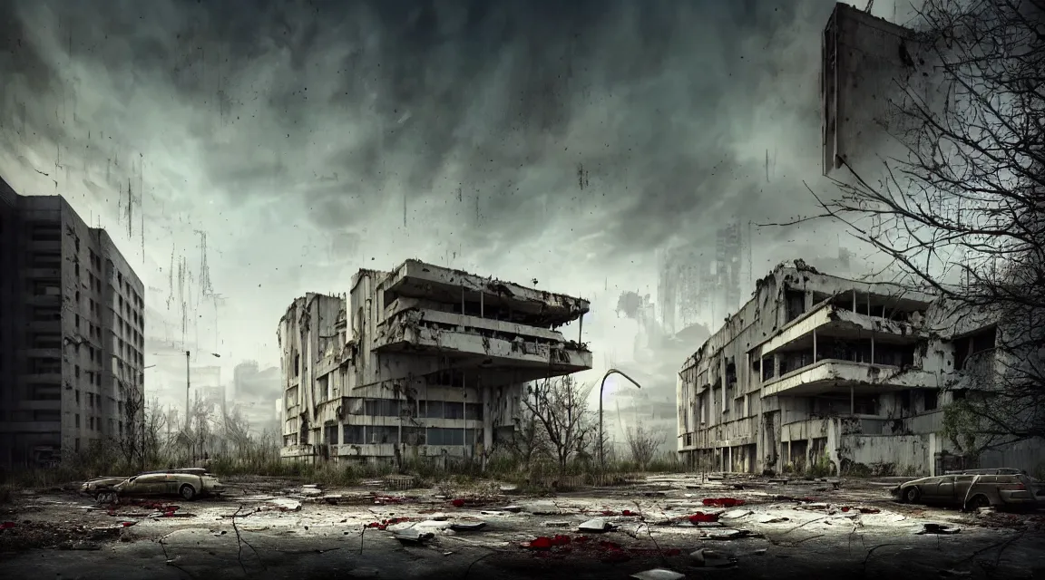 Prompt: post apocalyptic hospital building, morning, building, avenue, modern contemporary urban americana concrete architecture, by pascal blanche, neil blevins, apocalyptic color palette, trending on artstation, photorealistic, wilderness ambiance, ultra detailed, high definition, depth of field, bokeh, rubble, wild vegetation, blood stains, building crumbling, human silhouettes walking