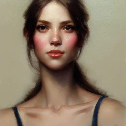 Image similar to Facial portrait of a cute girl, looking at the camera, slight awkward smile, lips slightly parted, no hands visible, elegant, intricate, extremely detailed painting by Greg Rutkowski and by Henry Justice Ford and by Steve Henderson