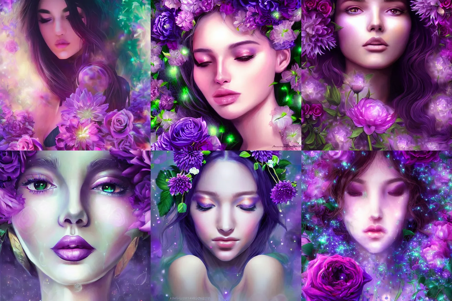 Prompt: closeup portrait of an ethereal human made of purple light, divine, cyberspace, mysterious, surrounded by flowers, roses, dahlias, art by Artgerm