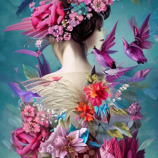 Prompt: 3 / 4 view of a beautiful girl wearing an origami dress, eye - level medium shot, fine floral ornaments in cloth and hair, hummingbirds, elegant, by eiko ishioka, givenchy, lisa frank, by peter mohrbacher, centered, fresh colors, origami, fashion, detailed illustration, vogue, high depth of field, japanese, reallusion character creator