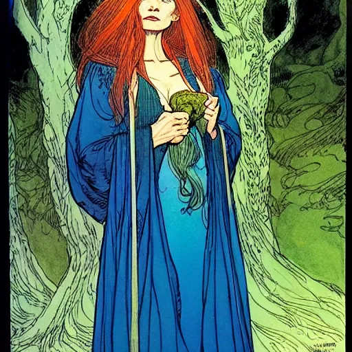 Image similar to a beautiful portrait of sanna!!!!! marin!!!!!, the young female prime minister of finland as a druidic wizard by rebecca guay, michael kaluta, charles vess and jean moebius giraud