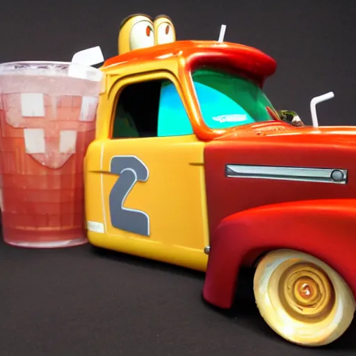 Prompt: tow mater from disney pixar cars 2 2011 drinking soda