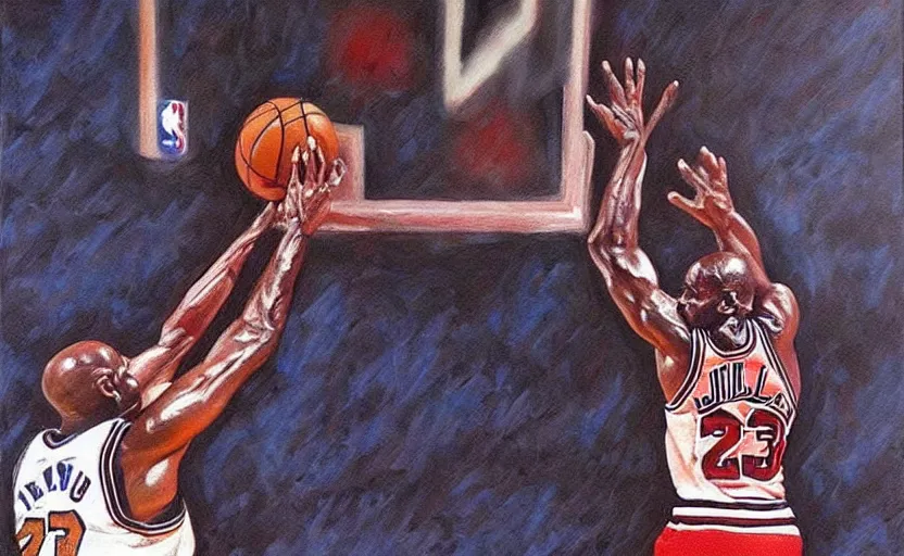 Image similar to beautiful painting of Michael Jordan!!!! playing basketball, NBA Finals, oil painting, masterpiece, highly detailed and ultra realistic, trending on artstation