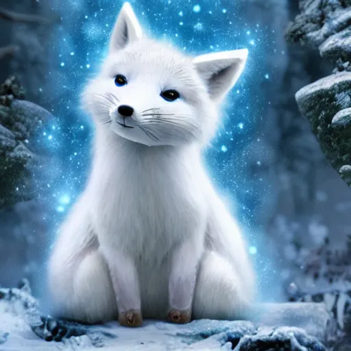 Image similar to hyper realistic snowfox in a fantasy movie casting a healing spell
