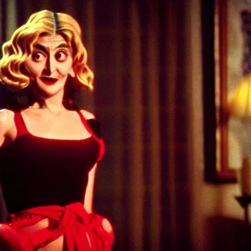 Image similar to mr. bean as madonna. movie still. cinematic lighting.