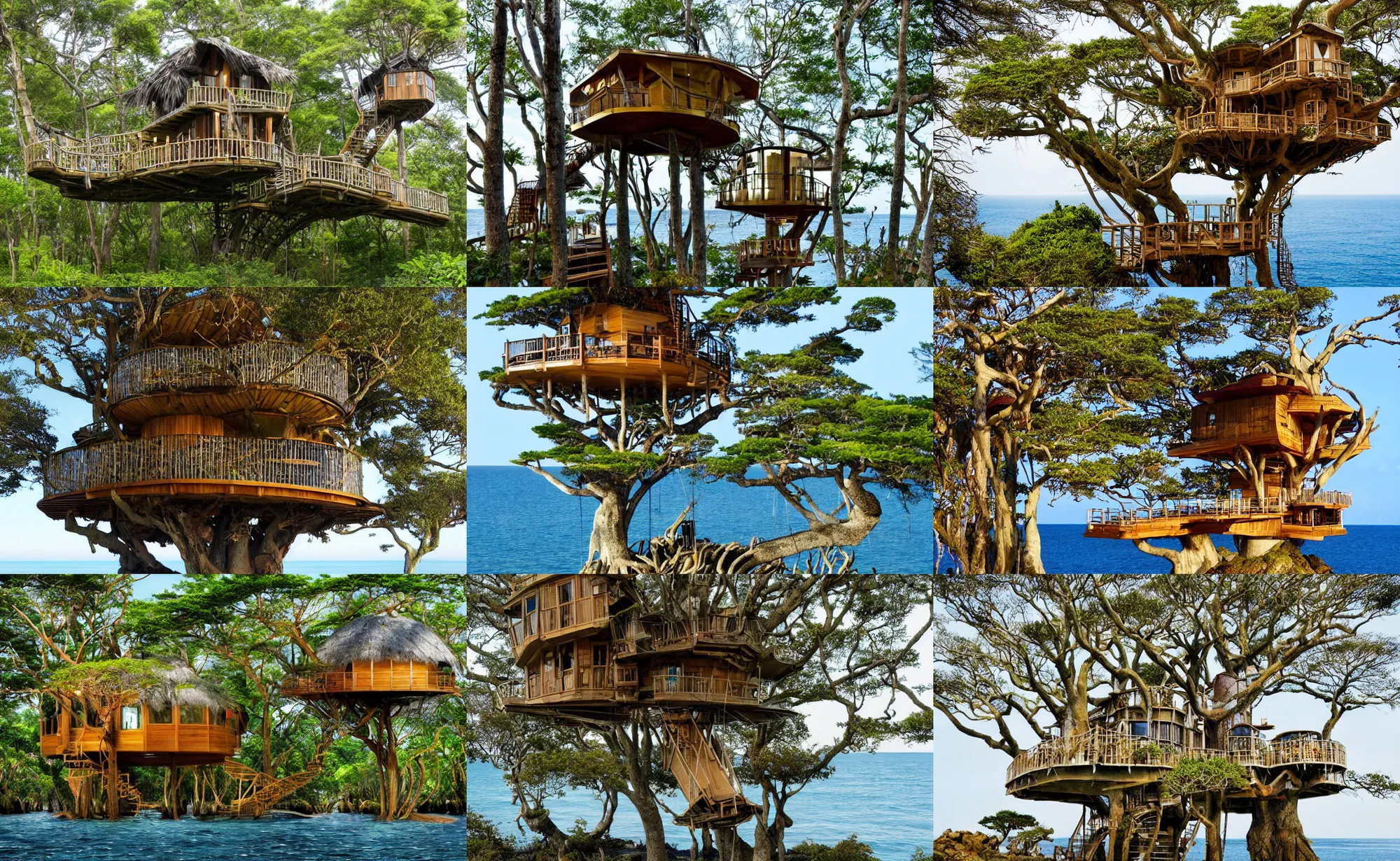 Prompt: chidrens book style of a mystical island treehouse on the ocean