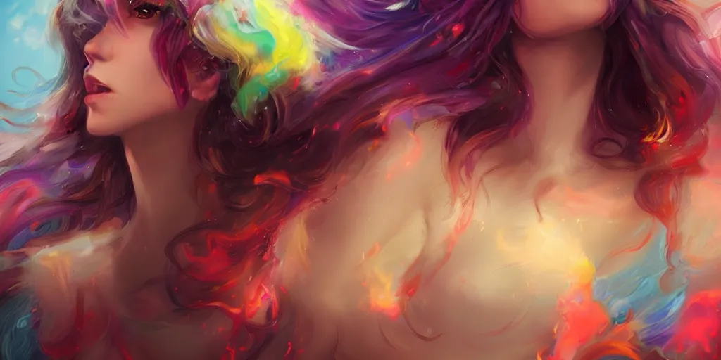 Prompt: a colorful and provenance portrait painting of a fantasy female pretty anime girl in bikini, detailed, highly detailed, hair made of hair made of air wind and curling smoke, mist, dust, genie, spirit fantasy concept art ， art by charlie bowater, trending on artstation.