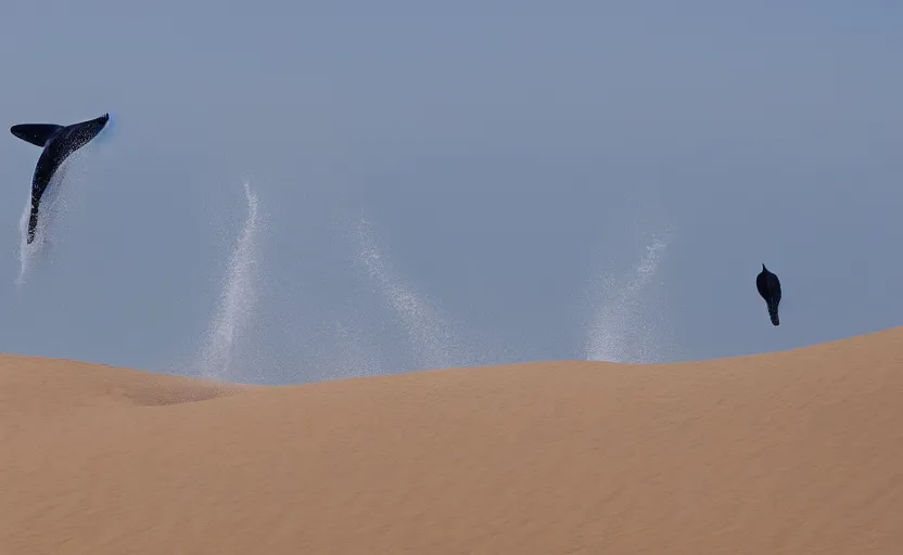 Image similar to whales jumping into sand dunes, photography