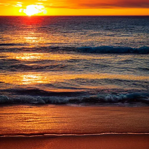 Prompt: The sunset light shines on the sea, sparkling, warm tones, 8K photo