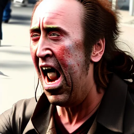 Prompt: uhd candid photo of dirty, homeless nicholas cage ranting maniacally in the street. skid row. correct face, accurate face, exaggerated features, intricate details, hyperdetailed, accurate face, studio lighting, photorealistic. photo by annie leibowitz