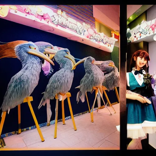 Image similar to High quality realistic photo of the grand opening of a shoebill themed maid cafe in Akihabara, there is a giant shoebill mascot and lots of shoebill themed decorations. Kodak Ektar, 200 ISO, Bill Henson style beautiful chiaroscuro lighting, beautiful colour palette, realistic faces