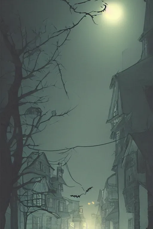 Image similar to foggy halloween night, small town. cell shaded digital illustration by studio ghibli, beatrice blue, zedig, akihiko yoshida