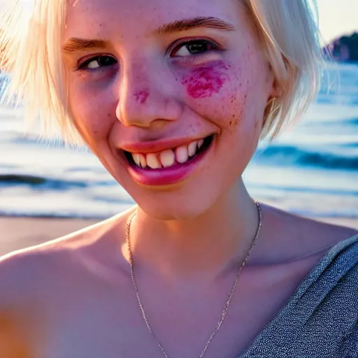 Prompt: beautiful hyperrealism hyperdetailed photograph of a cute thin young woman in love with you, smiling adoringly at the camera, platinum blonde hair, flushed face, blushing, big puffy lips, heart - shaped face, light freckles on cheeks and nose, 8 k, sharp focus, golden hour, beach setting