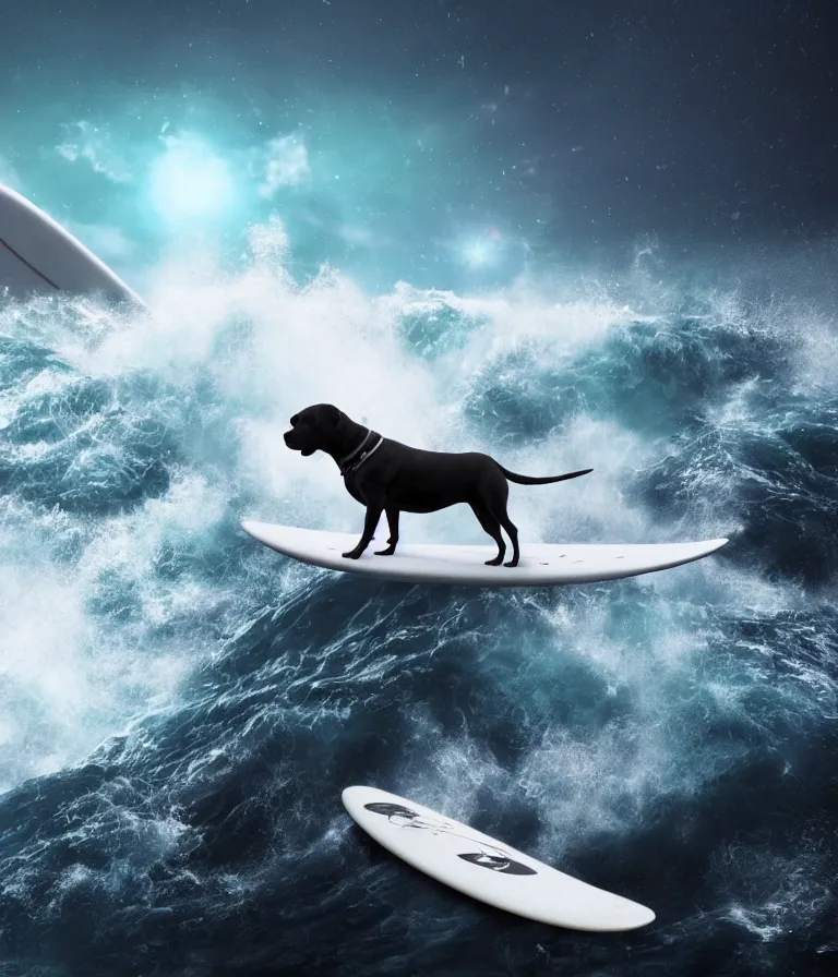 Prompt: photo of a dark gray coat pit bull with a white paws and a white nose!, trending on artstation surfing on a surfboard in a crashing wave of alien ocean in space, background is an alien galaxy, aliens in the background, alien colors, octane render, unreal engine, wide view, 8 k, highly detailed