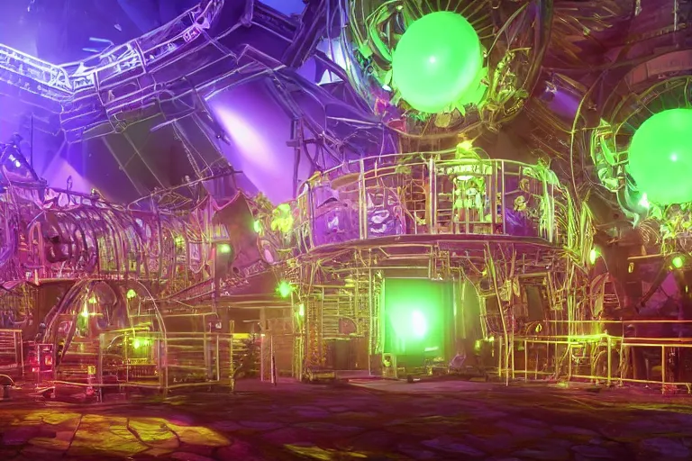 Prompt: a festival stage, bandname is tripmachine, center of the stage are two huge futuristic steampunk generators inside a huge steampunk engine, 8 k, fluorescent colors, halluzinogenic, multicolored, exaggerated detailed, unreal engine