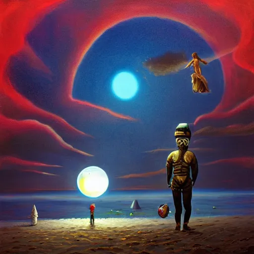 Prompt: atronaut on a hammoc on a beach, oil painting, artstation, dramatic lighting,, beautiful