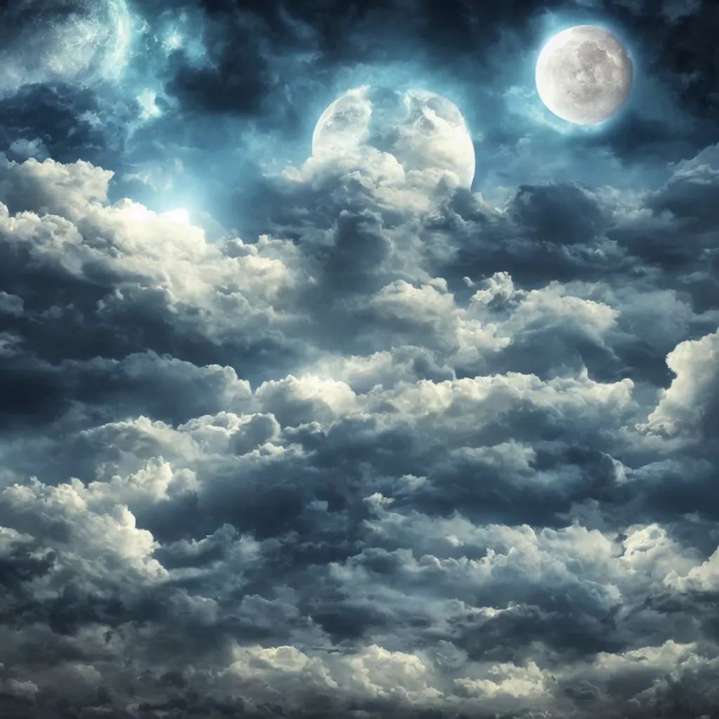 Image similar to fantasy realistic horizon, sky, surreal, clouds, moon