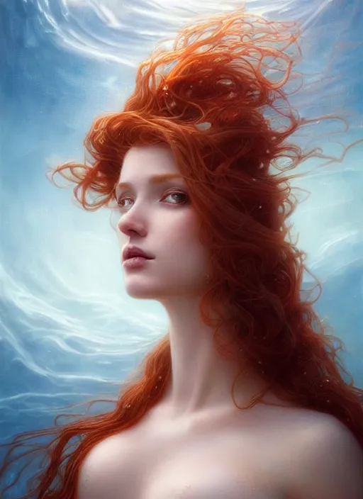 Prompt: goddess of the ocean!! portrait of a seductive redhead queen in underwater murky light, wind blown hair! fantasy esoteric, closeup, d & d, fantasy, intricate, elegant, highly detailed, digital painting, artstation, concept art, matte, sharp focus, illustration, art by artgerm and tom bagshaw and greg rutkowski and alphonse mucha