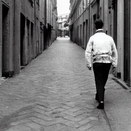 Image similar to Ingmar Bergman walking in Bologna