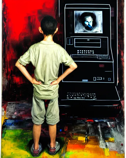 Prompt: expressive painting of a an 8 years old enlightened and scared boy standing in front of an old computer with a game doom2 at the monitor screen painted by Adrian Ghenie, by Gerhard Richter and Marlene Dumas.