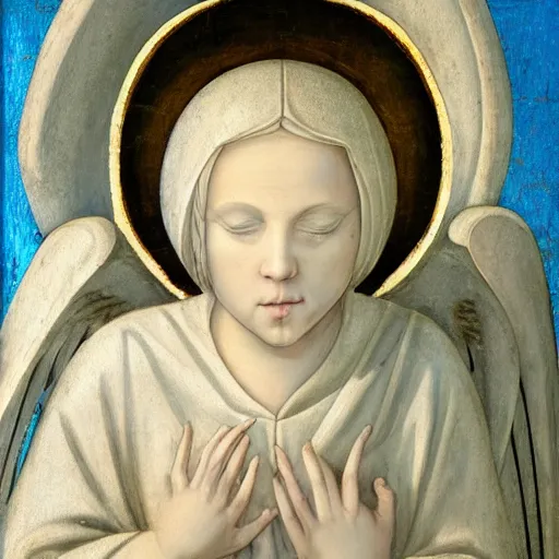 Image similar to realistic medieval painting portrait of white angel with clean narrow face like noface, 3 / 4, miracle light coming up from the head up and up, misty space, grace and blessing, sfumato effect, by by bill stoneham, renaissance, christianity, marble stone, glow effect, white background