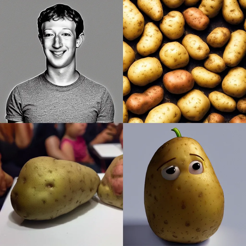 Prompt: a potato that resembles mark zuckerberg