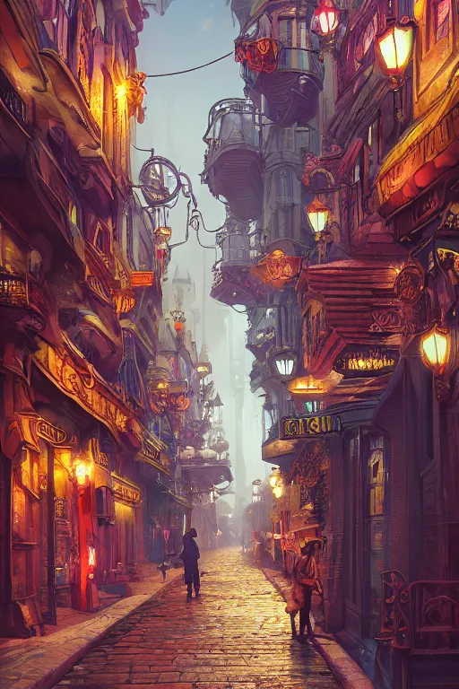 Prompt: colorful street vue of steampunk paris, intricate details, realistic shaded , steampunk, highly detailed, artstation, painting by François Schuiten and moebius, disney fantasy style, octane render, dynamic light, volumetric light, neon lights, cinematic mood