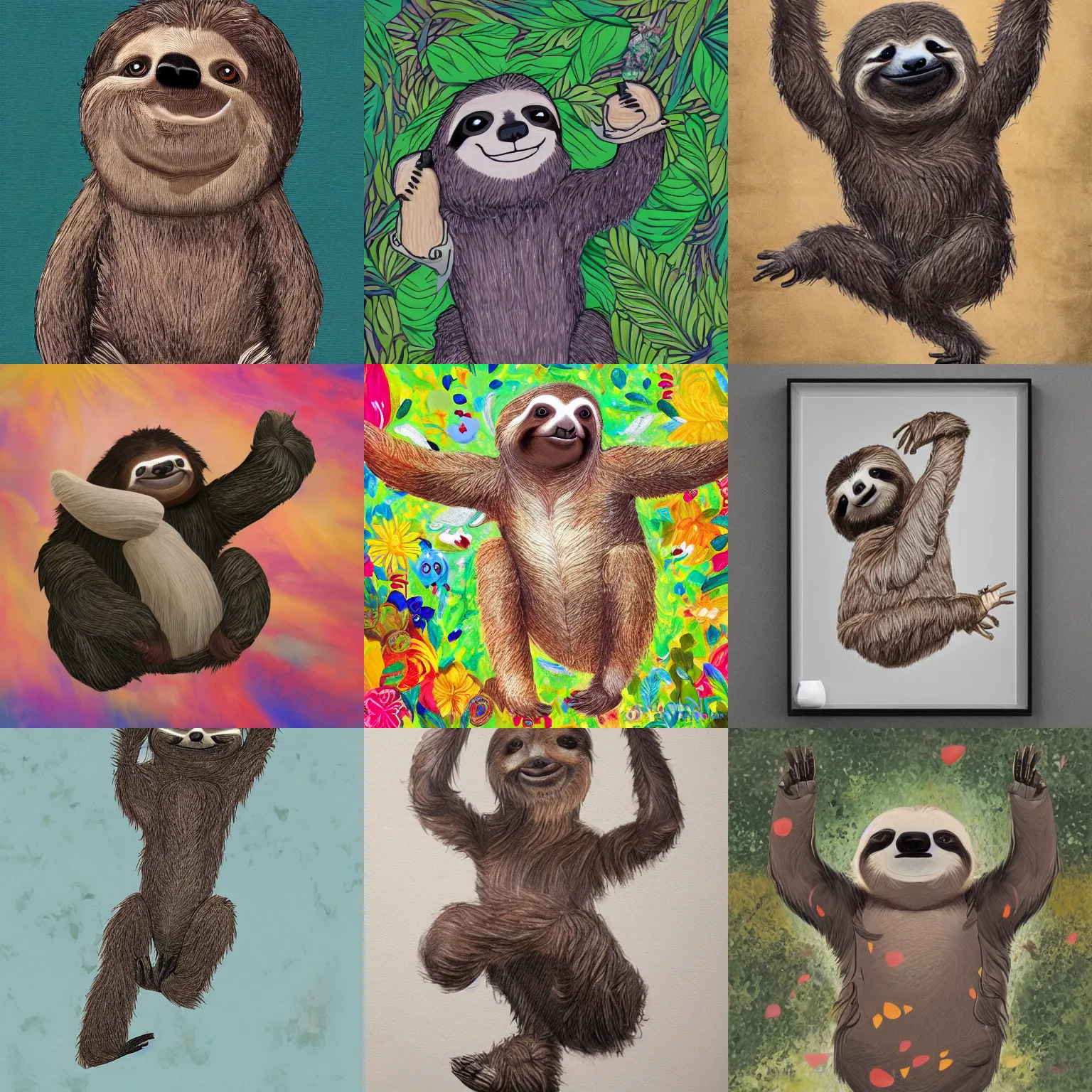 Image similar to beautiful art of a sloth dancing with joy, full body art, trending on ArtStation