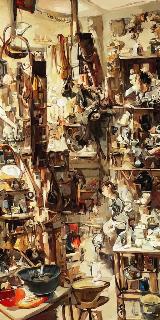 Prompt: oil painting scene from shoemaker's shop by kim jung gi