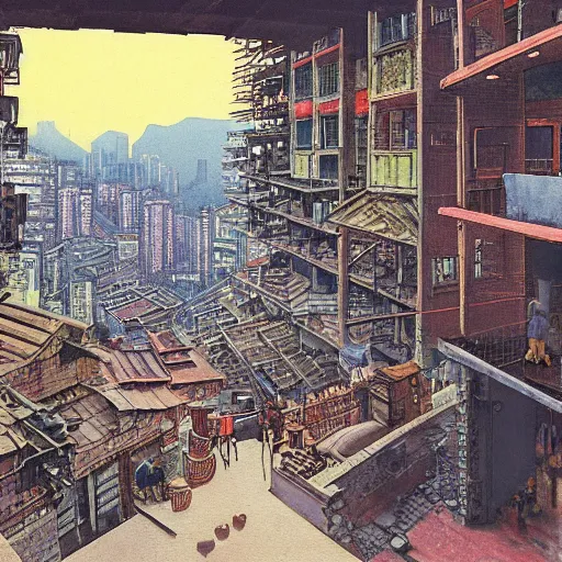 Image similar to Hopper and Moebius painting of Kowloon Walled City at dusk, looking down canyon-like alley with 5 floors of ramshackle apartments and business on all sides, to the bottom right some light is coming from a ground-floor cafe, where people are drinking tea and talking