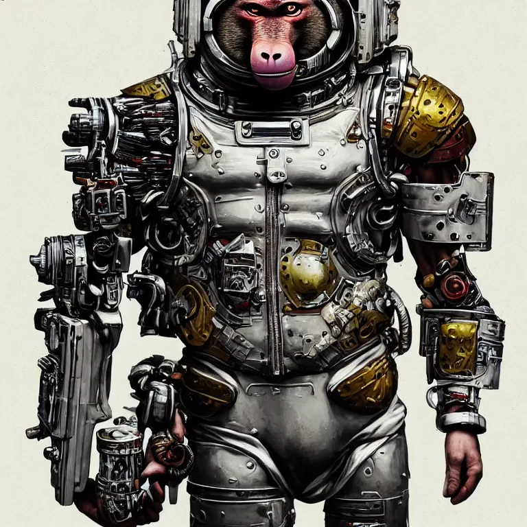 Image similar to a portrait of a muscular anthropomorphic cyberpunk baboon in spacesuit armor with ensignia on chest plate by sandra chevrier, by jon foster, detailed render, pistol in holster, extremely hyperdetailed, tape deck, epic composition, cybernetics, 4 k realistic, cryengine, realistic shaded lighting, sharp focus, masterpiece, by enki bilal