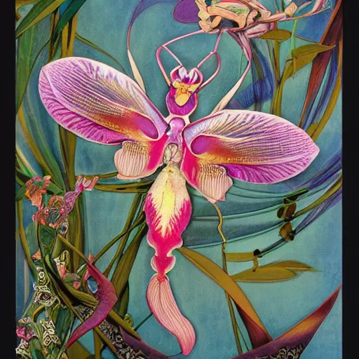 Prompt: majestic colorful orchid mantis enamel by leon bakst and yoshitaka amano, cloisonne, beautiful hyperdetailed art nouveau orchids, james jean, amanda sage