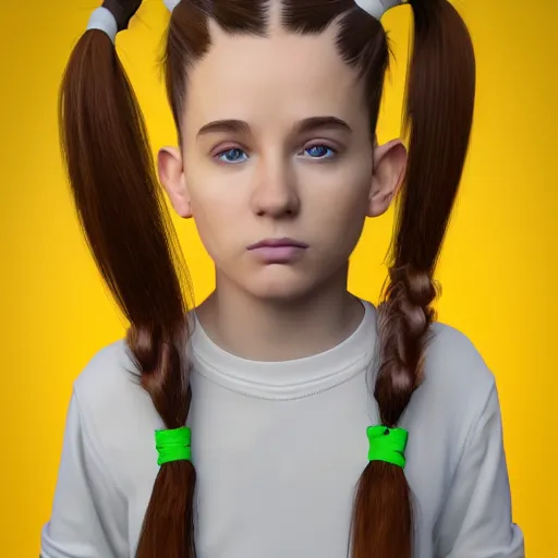 Image similar to An epic fantasy comic book style portrait painting of a young feminine boy, green eyes, fair skin, long brown hair worn in two pigtails, his left pigtail is shorter than the right pigtail, yellow hoodie with a grey undershirt, unreal 5, DAZ, hyperrealistic, octane render, cosplay, RPG portrait, dynamic lighting