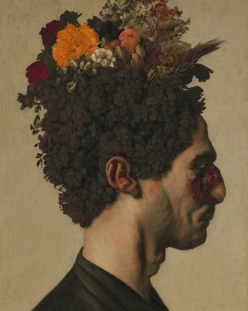 Image similar to a man's face in profile, clean shaven, made of flowers and fruit, in the style of the Dutch masters, dark and moody