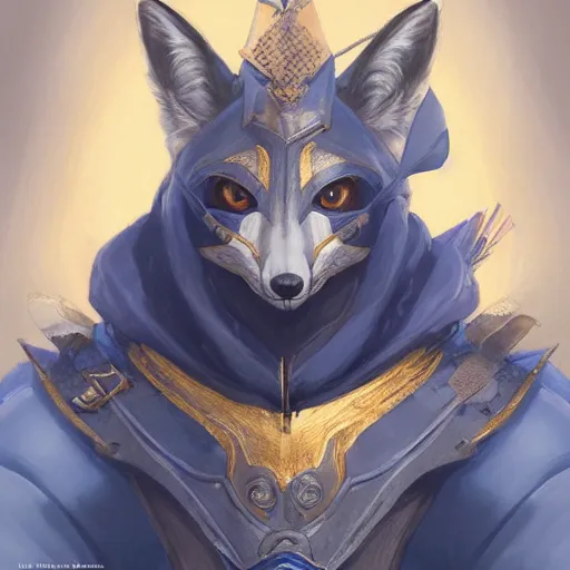 Image similar to anthropomorphic fox knight, portrait, highly detailed, digital painting, artstation, anime, sharp focus, illustration, art by artgerm and greg rutkowski and magali villeneuve, blue and gold color scheme