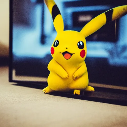 Prompt: Portrait Photography of Pikachu Crawling out of a Television