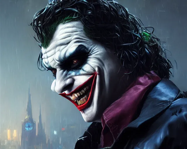 Image similar to highly detailed portrait of anthony misiano as the joker, in batman : arkham knight, stephen bliss, unreal engine, fantasy art by greg rutkowski, loish, rhads, ferdinand knab, makoto shinkai and lois van baarle, ilya kuvshinov, rossdraws, tom bagshaw, global illumination, radiant light, detailed and intricate environment