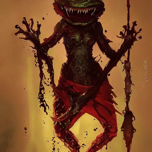 Prompt: A frog priestess with bloody eyes by greg rutkowski in the style of magic the gathering