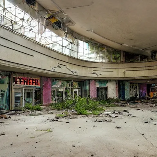 Image similar to a post-apocalyptic abandoned 1990s mall, lush overgrowth